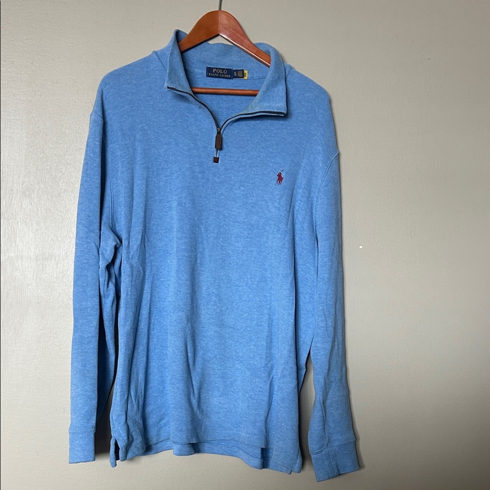 Polo by Ralph Lauren Men’s Sky Blue Half-Zip Sweater with Red Polo Emblem